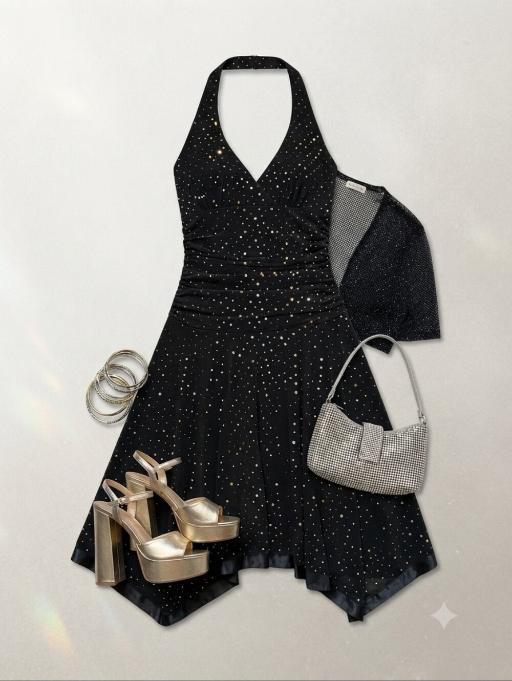 90s Y2K City Triangles Black Gold Silver Sparkly Halter Neck Dress